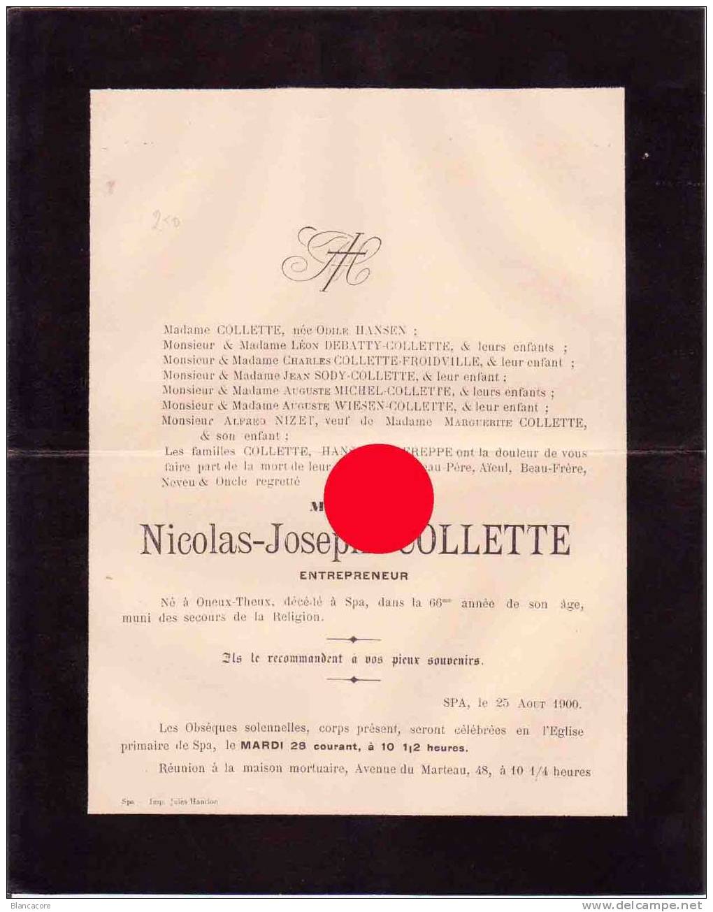 Nicolas-Joseph Collette Né à ONEUX THEUX Et Décédé à SPA En 1900 /  Entrepreneur - Other & Unclassified