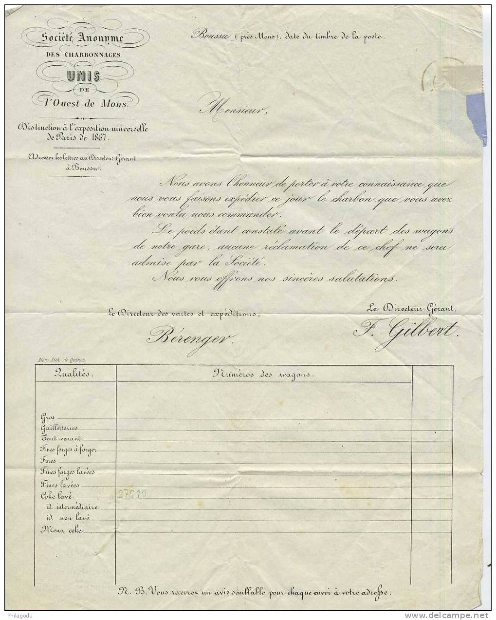 Charbonnage Document Et Un Timbre 25 Encore Attaché - 1866-1867 Coat Of Arms
