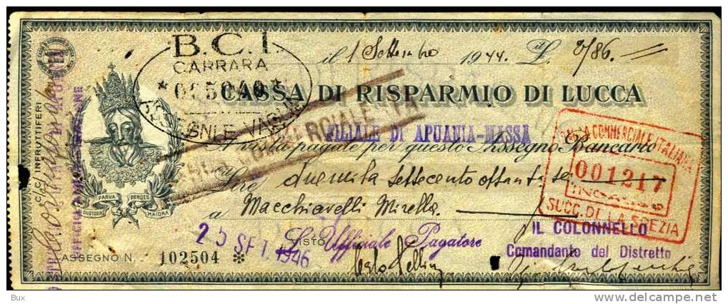 CASSA DI RISPARMIO DI LUCCA FILIALE APUANIA MASSA TIMBRO SUCCURSALE LA SPEZIA   ANNO 1946  ASSEGNO BANCA   CART. 27 - Banque & Assurance