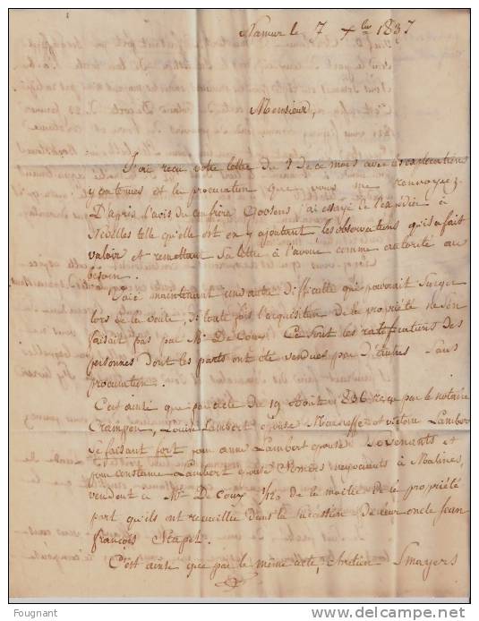 BELGIQUE : 1837:Précurseur:NAMUR Pour NEERHEYLISSEN(près Et Par TIRLEMONT.).Oblit.Namur Double Cercle Rouge.Verso:Oblit. - 1830-1849 (Independent Belgium)