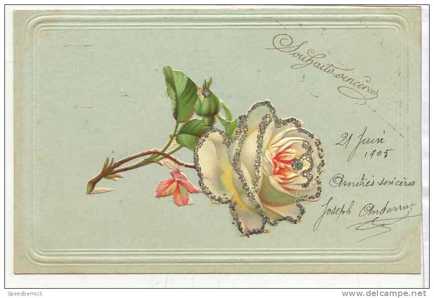 15252 Rose Souhaits Sinceres - Collage Papier Paillettes - Sans éditeur 1905 - Autres & Non Classés