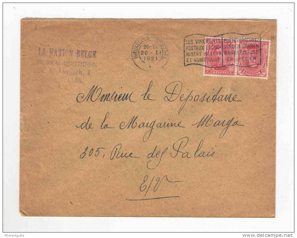 PRESSE - JOURNAUX - Belgique Lettre TP Albert BRUXELLES 1921 - Cachet Journal La Nation Belge  --  B2/738 - Non Classés