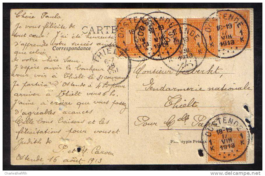 VIJFVOUDIGE PUNTAFSTEMPELING  OOSTENDE 108 MET NOODSTEMPEL THIELT  1913 - Postmarks - Points