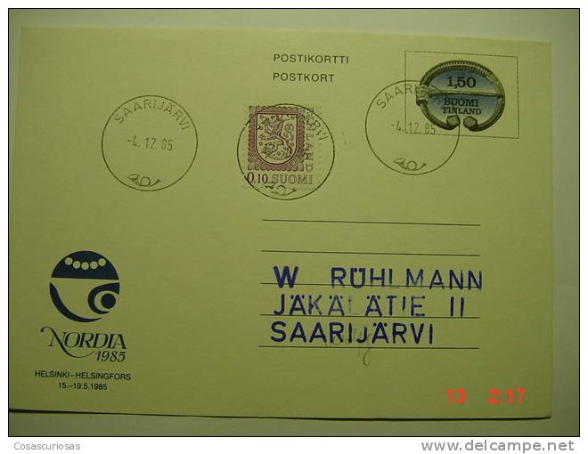 405  SUOMI FINLAND FINLANDIA  POSTAL STATIONARY CARD GANZSACH  NORDIA  SAARIJARVI   YEAR 1985  OTHERS  IN MY STORE - Interi Postali