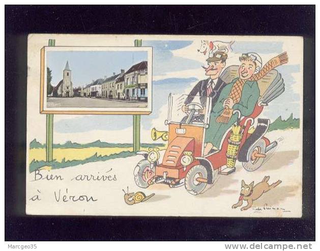 Bien Arrivés à Véron Vue De La Place De L'église édit.jean-pierre  Belle Carte - Veron