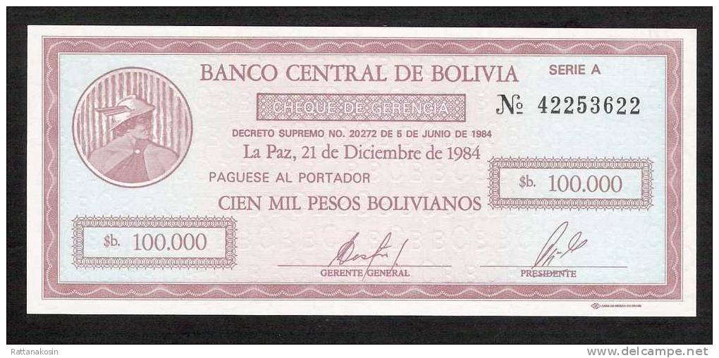 BOLIVIA   P188  100.000   BOLIVARES    1984    UNC. - Bolivien