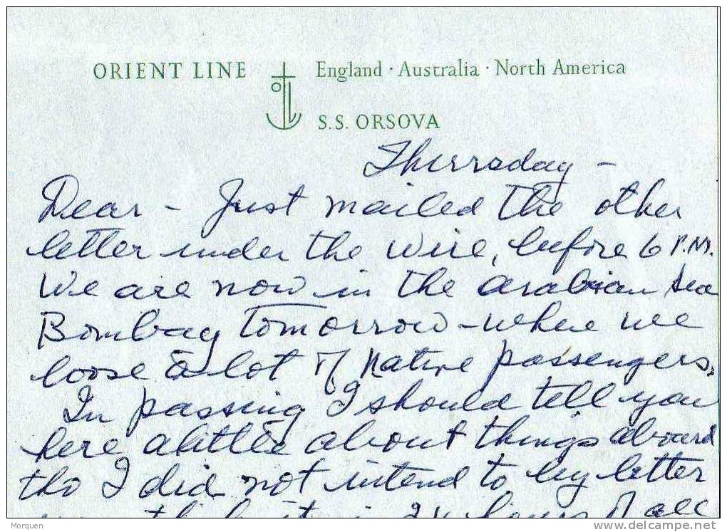 1621. Carta Aerea Air Port Bombay (India)  ORIENT LINE. Taxe . S.S. Orsova - Brieven En Documenten