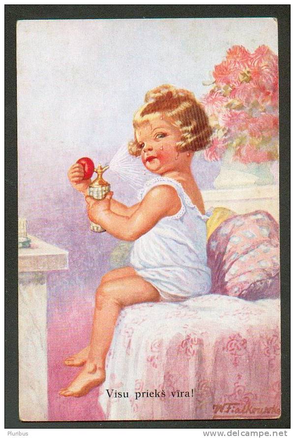 LITTLE GIRL WITH EAU DE COLOGNE SPRAY ,BY WANDA FIALKOWSKA , OLD POSTCARD - Autres & Non Classés