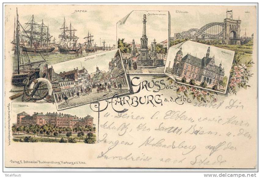 Hamburg Harburg Color Litho  Hafen Schloßstraße Kaserne Rathaus Schillerbrunnen Bahnpost 7.9.1898 Vorläufer ? - Harburg