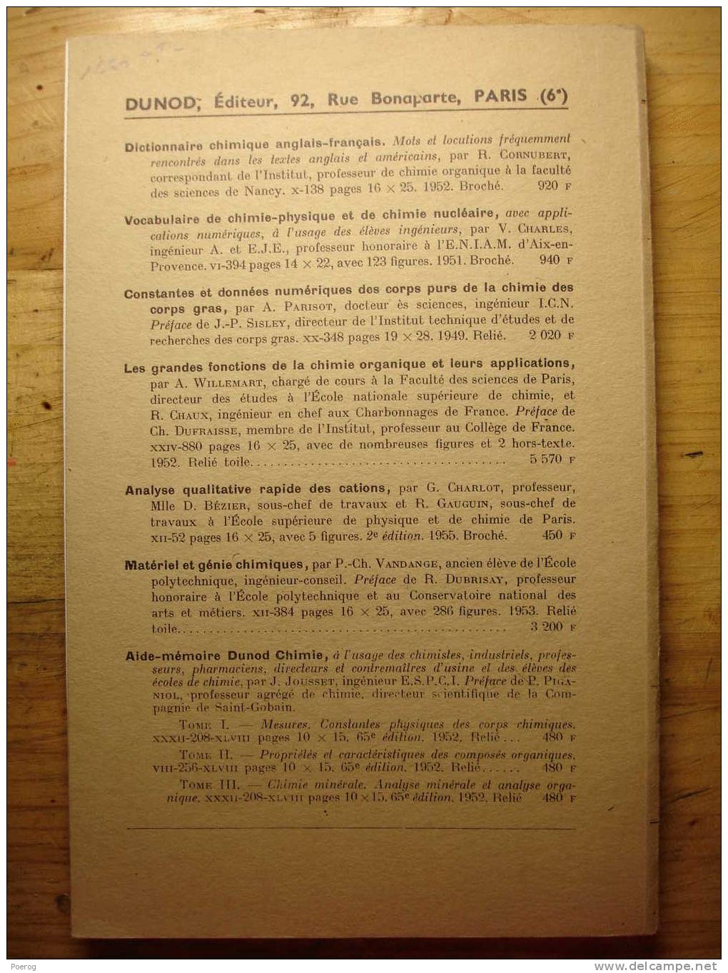 DICTIONNAIRE CHIMIQUE - ALLEMAND FRANCAIS  - DUNOD 1956 - Wörterbücher