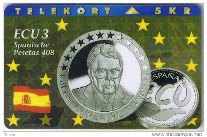 Denmark, P 053, ECU-Spain,  Mint, Only 1300 Issued, Coin, Flag. - Denmark