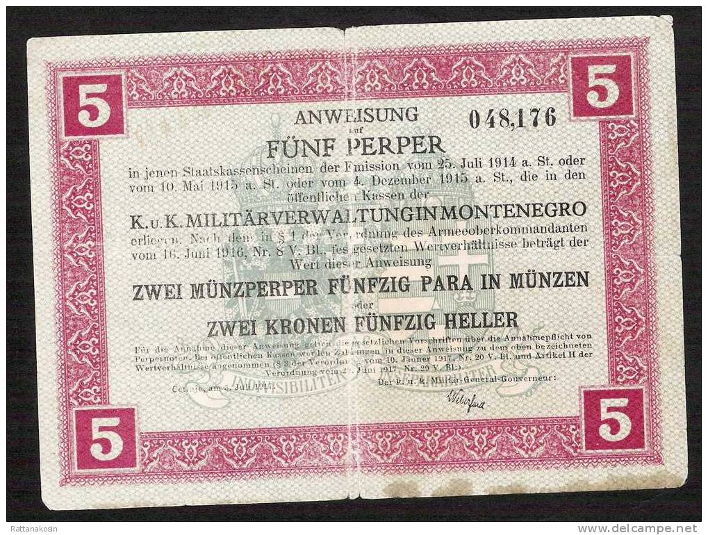 MONTENEGRO  PM150   5  PERPER  = 2 MUNZPERPER 50 PARA  1917    FINE - Sonstige – Europa