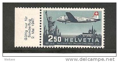 CH Mi.Nr.479/ SWISS AIR 1947 Erstflug N.Y., Zudruck Links In Deutsch** - Neufs