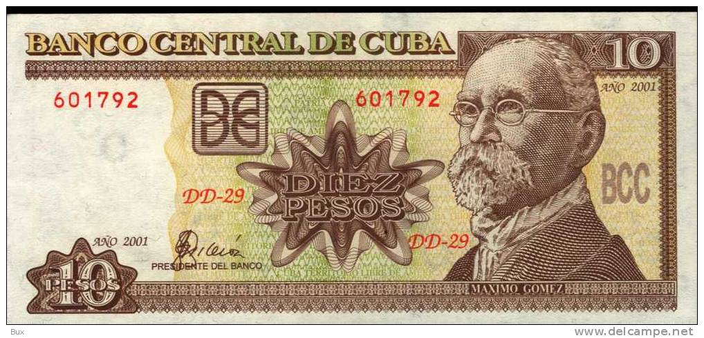 BANCO CENTRAL DE CUBA 10 PESOS  ANNO 2001  FIOR DI STAMPA  FDS BANCONOTA  BILLET CART.33 - Kuba