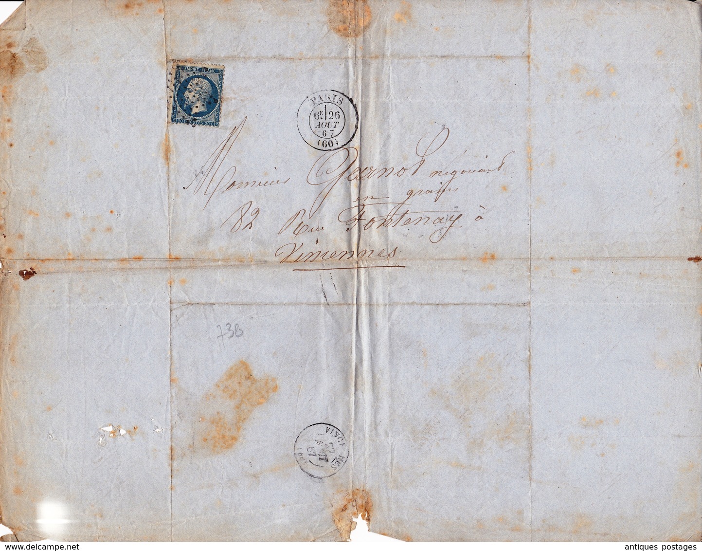 Lettre 1867 Avec Correspondance Napoléon III 20c Paris Pour Vincennes Avoine Marchand De Grains - 1862 Napoleon III