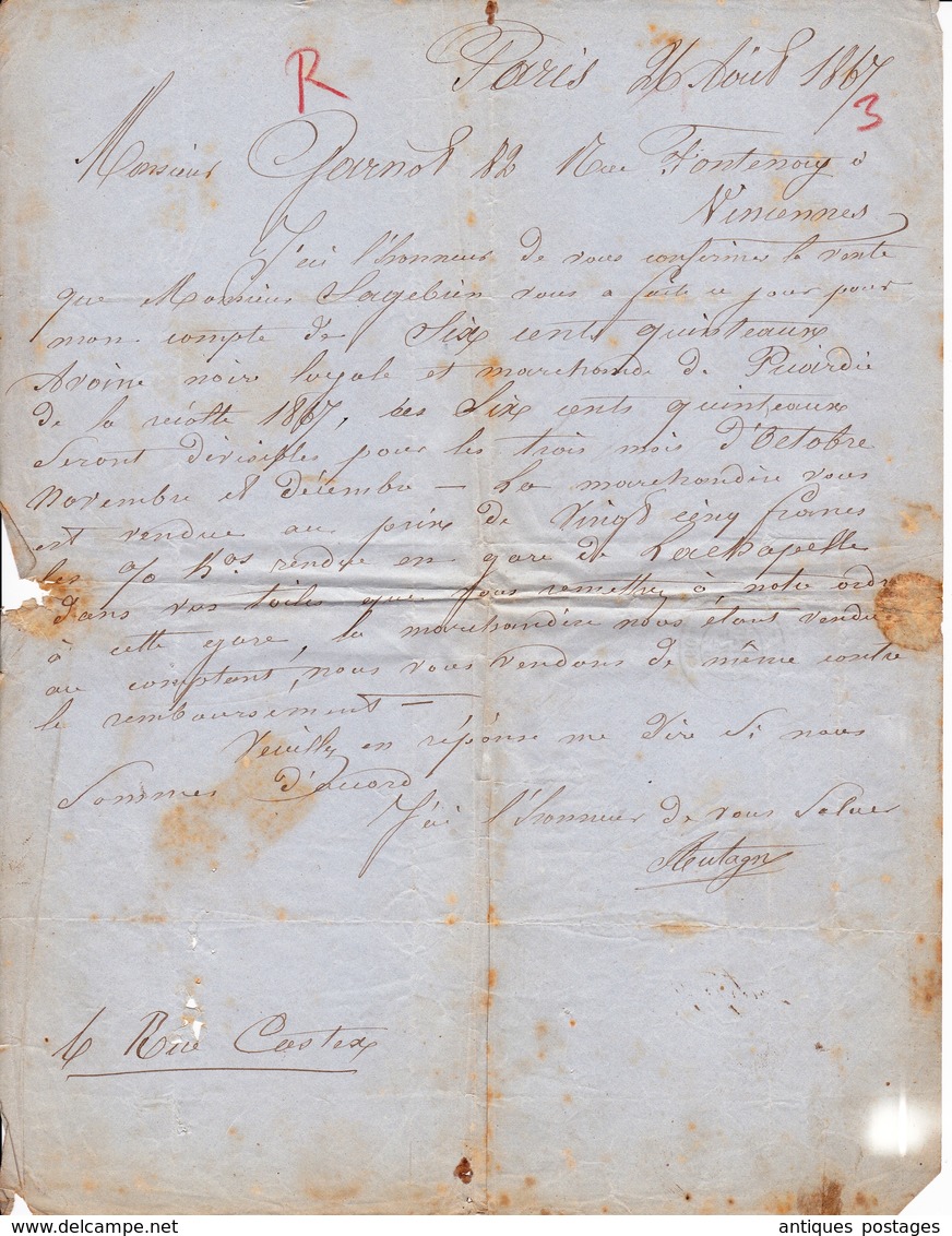 Lettre 1867 Avec Correspondance Napoléon III 20c Paris Pour Vincennes Avoine Marchand De Grains - 1862 Napoleon III