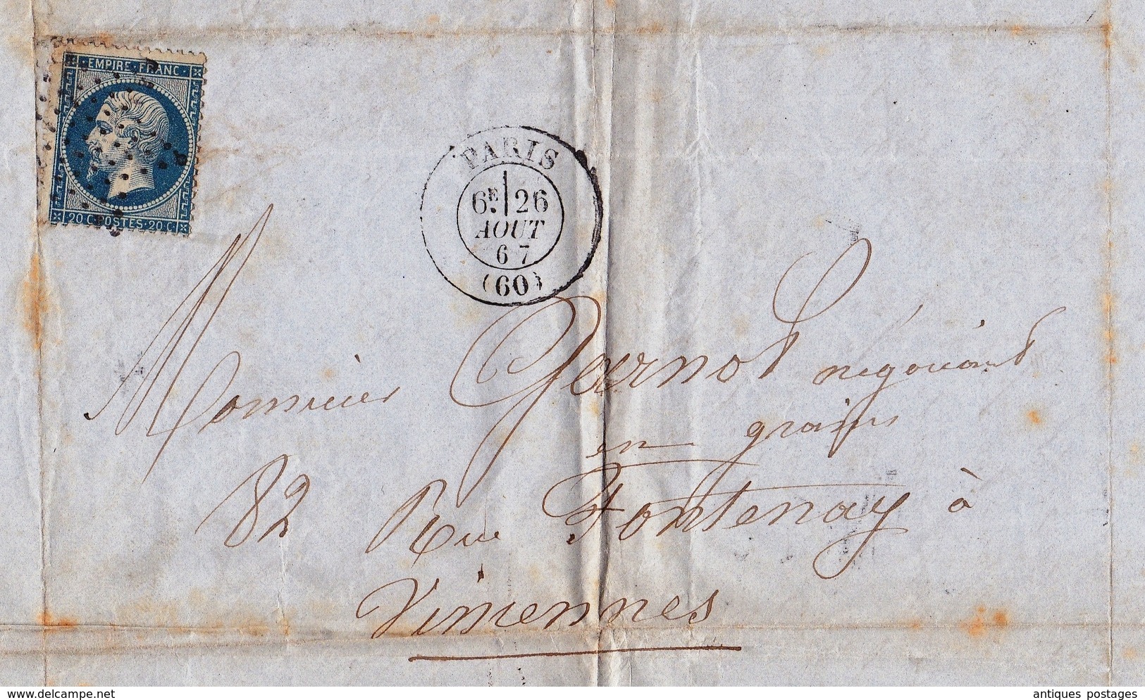 Lettre 1867 Avec Correspondance Napoléon III 20c Paris Pour Vincennes Avoine Marchand De Grains - 1862 Napoleon III