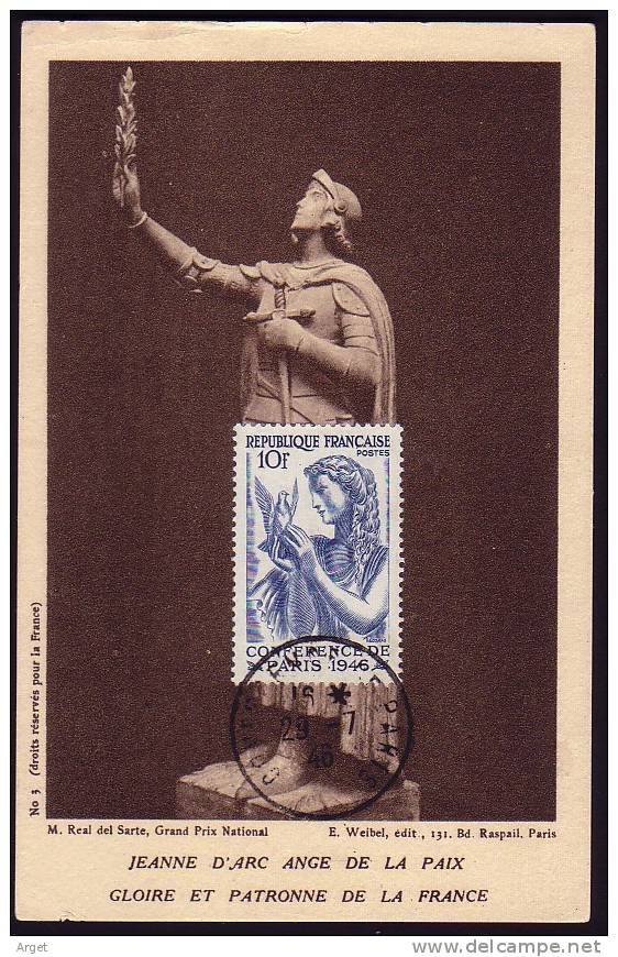 Carte-Maximum France N°Yvert 762 (La Paix - Jeanne D'Arc) Obl Sp 1er Jour 29.7.46   RRR - 1940-1949