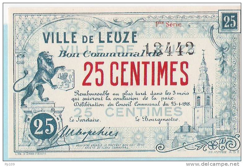 Bon De Caisse (nécessité) Noodgeld Ville De LEUZE 25 Centimes Remboursable Au Plus Tard  Mois Après Ccl De La Paix ! - Other & Unclassified