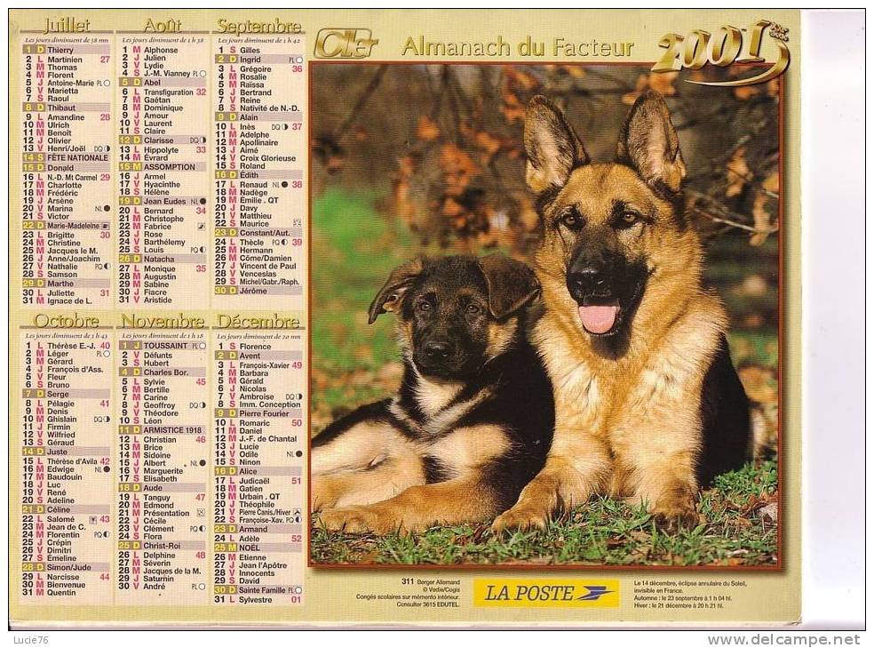 ALMANACH DU FACTEUR -   OLLER  -  2001 -  BERGER ALLEMAND -  CHEVAUX PUR SANG ARABES - Grossformat : 2001-...