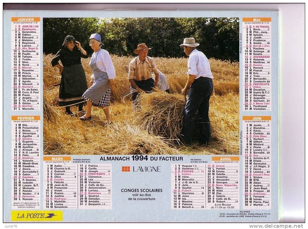 ALMANACH DU FACTEUR - LAVIGNE -  1994 - Travaux Des Champs - Tamaño Grande : 1991-00