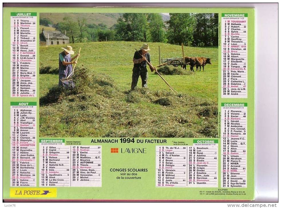 ALMANACH DU FACTEUR - LAVIGNE -  1994 - Travaux Des Champs - Big : 1991-00