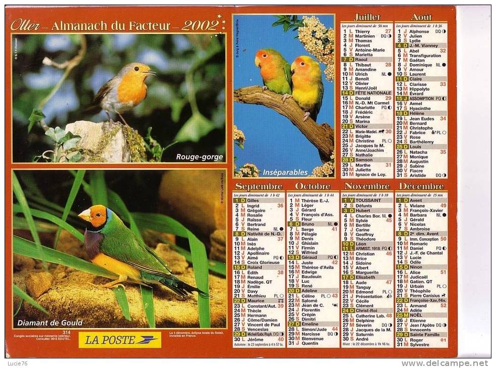 CALENDRIER  -  OLLER  - 2002 -  Oiseau Mouche, Serins, Mésange Bleue, Rouge Gorge, Diamant De Gould, Inséparables - Grossformat : 2001-...