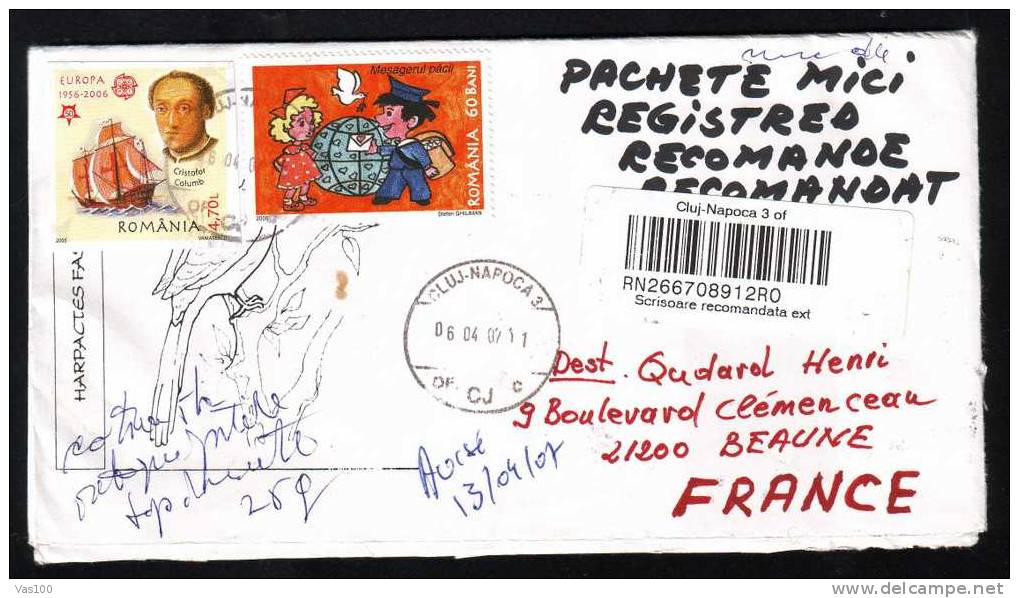 Romania,Columb EUROPA CEPT Imperforated Stamp On Registred Cover Sent To France. - Brieven En Documenten