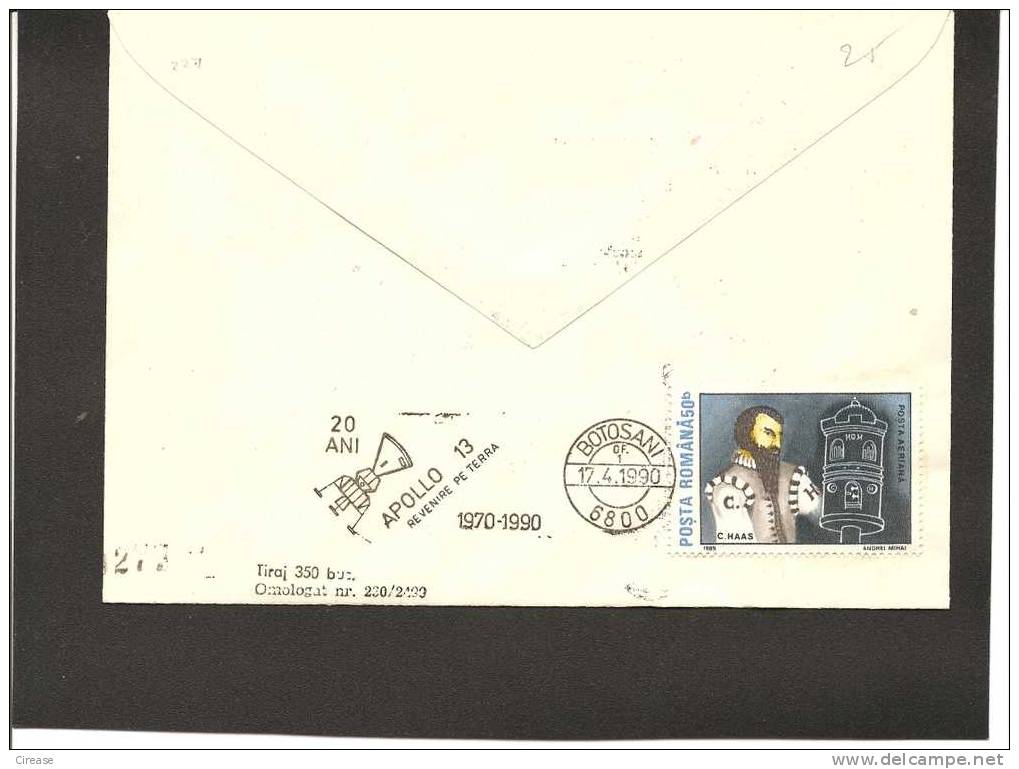 ROMANIA Enveloppe / Cover APOLLO 13 SPECIAL CANCELLATION TRIPLE CONCORDANCE - Other (Air)