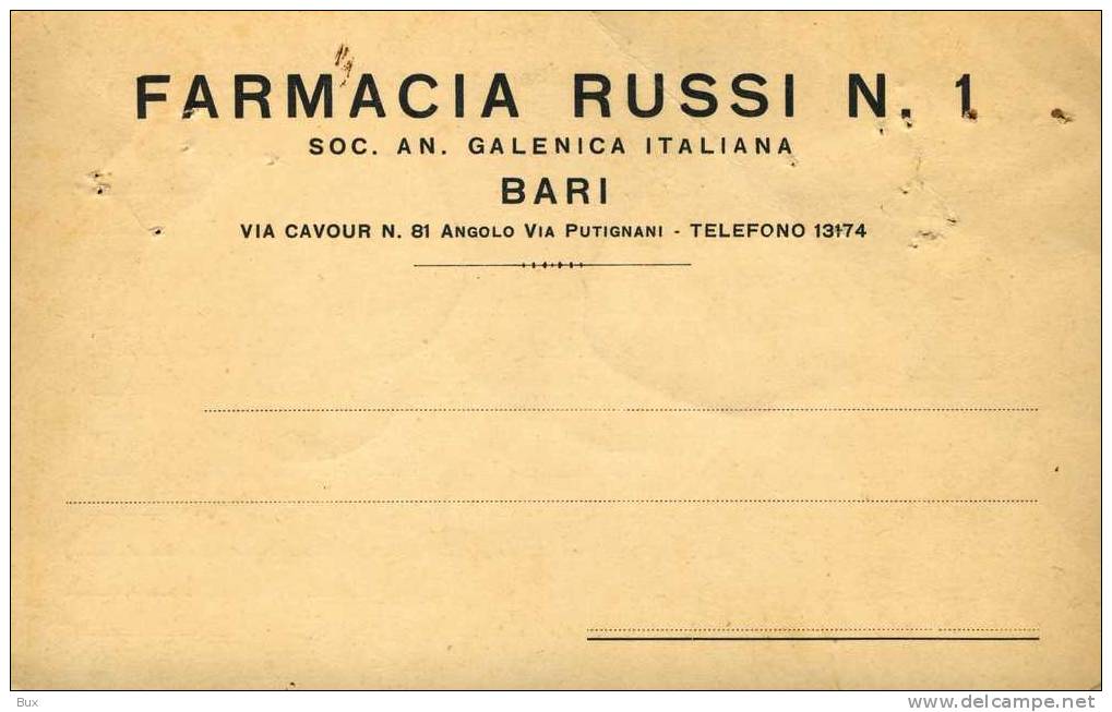 COMMERCIO FARMACIA RUSSI   BARI       VIAGGIATA  COME DA FOTO FORMATO PICCOLO  CON  FORI - Mercaderes