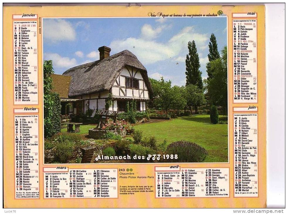 ALMANACH DES PTT  -     1988  - OLLER  - Chaumière  - Paysage De Campagne - Big : 1981-90