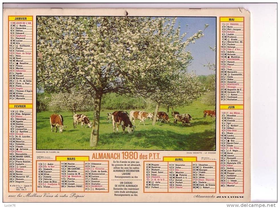 ALMANACH DES PTT  -     1980  - Jean LAVIGNE - Pommiers En Fleurs -  SAINT VICTOR LA RIVIERE  (63) - Tamaño Grande : 1971-80