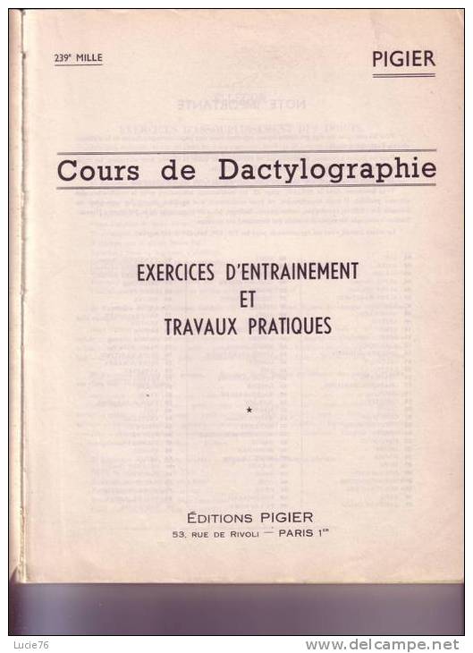 PIGIER  France -  DATYLOGRAPHIE  - Exercices D´Entrainement Et Travaux Pratiques - Über 18