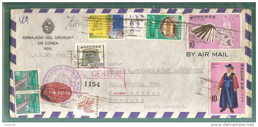 KOREA - COREE DU SUD - VF PROFUSE FRANKING (8 STAMPS) REGISTERED COVER From URUGUAY EMBASSY In SEUL To MONTEVIDEO - Korea, South