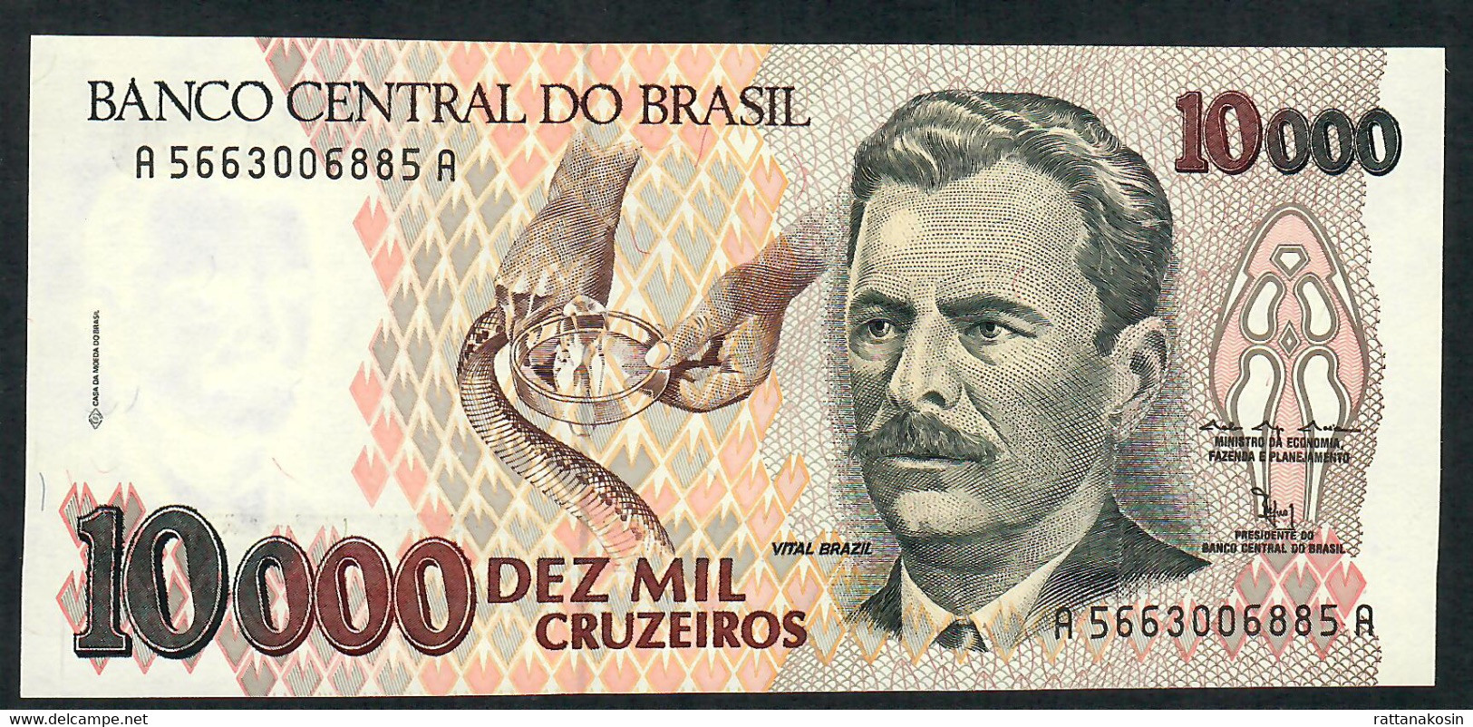 BRAZIL  P233b 10.000 CRUZEIROS 1992  #A5663signatures 16 UNC. - Brésil