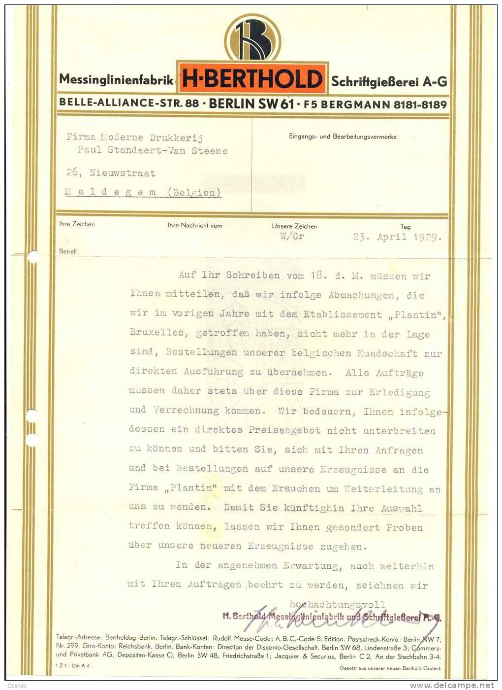 Faktuur - Facture  BERLIN  H. BERTHOLD Messinglinienfabrik  1929 - Autres & Non Classés