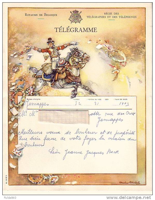 Superbe TELEGRAMME.    Jemappes.  1951.    Royaume De Belgique - Régie Des Télégrammes Téléphones. - Autres & Non Classés