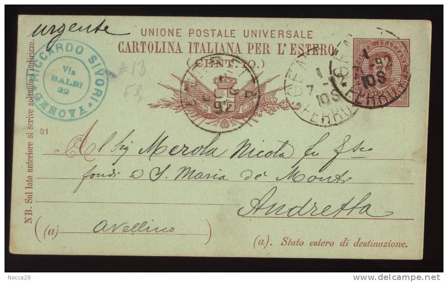 INTERO POSTALE INTESTATO  DEL 1892 DA GENOVA PER ANDRETTA - AVELLINO - Entiers Postaux