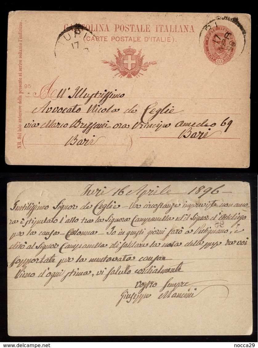 RARO INTERO POSTALE VIAGGIATO NEL 1896  DA TURI PER BARI - Stamped Stationery