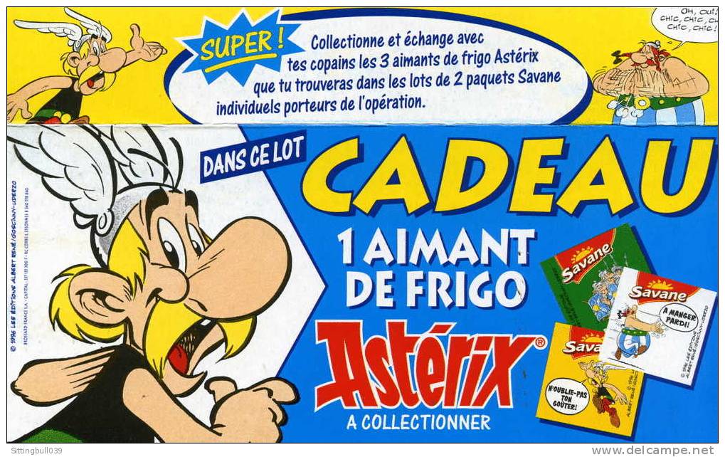 ASTERIX. PUB CARTONNE SAVANE DE BROSSARD POUR COLLECTIONNER LES 3 AIMANTS DE FRIGO ASTERIX 1996 ED. A. R/GOSCINNY-UDERZO - Objets Publicitaires