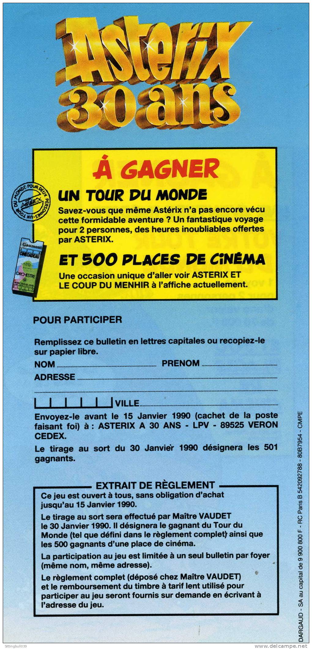 ASTERIX. FLYER JEU POUR LES 30 ANS D'ASTERIX. A GAGNER VOTRE TOUR DU MONDE. 1999 ED. ALBERT RENE / GOSCINNY-UDERZO - Objets Publicitaires