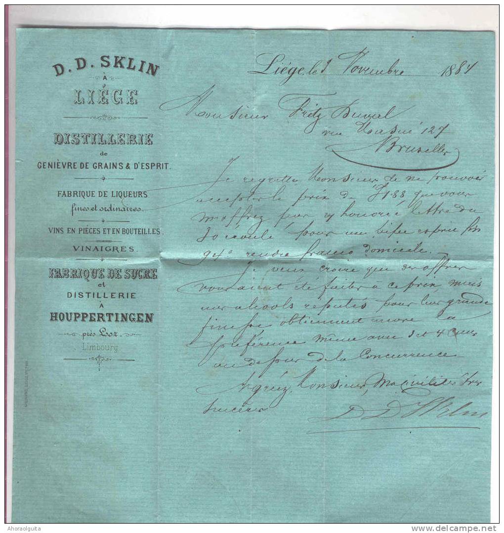 DISTILLERIE - Belgique TP 30 LIEGE 1884 - Entete SKLIN , Distillerie , Vins Et Sucres - HOUPPERTINGEN / LOOZ  --  B2/752 - Vins & Alcools