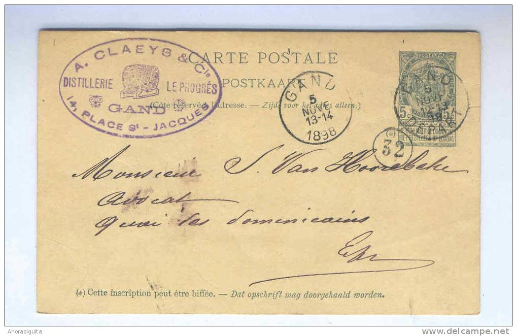 DISTILLERIE - Belgique Entier Postal 5 C GAND 1898 - Cachet Illustré Tonneau Le Progrès - A Claeys § Cie  --  B2/755 - Vins & Alcools