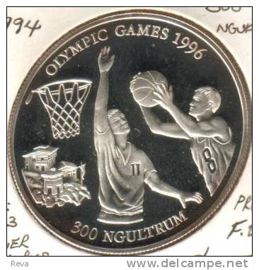 BHUTAN 300 NGULTRUM BASKETBALL OLYMPIC SPORT FRONT SNAKE BACK 1994 KM73 PROOF SILVER READ DESCRIPTION CAREFULLY!!! - Butan