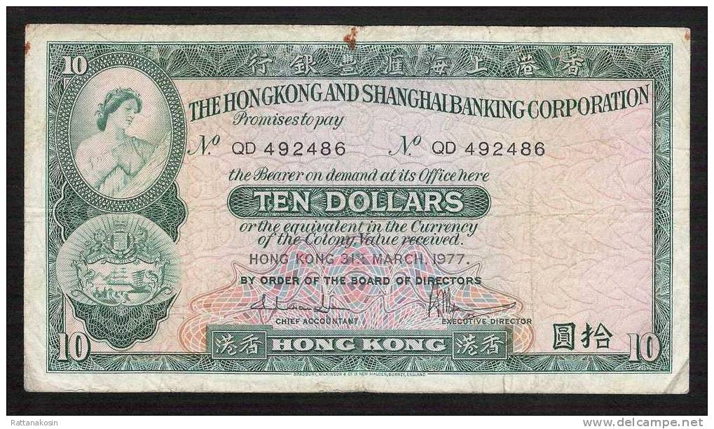 HONG-KONG P182h 10 DOLLARS 1977  #QD      FINE - Hong Kong