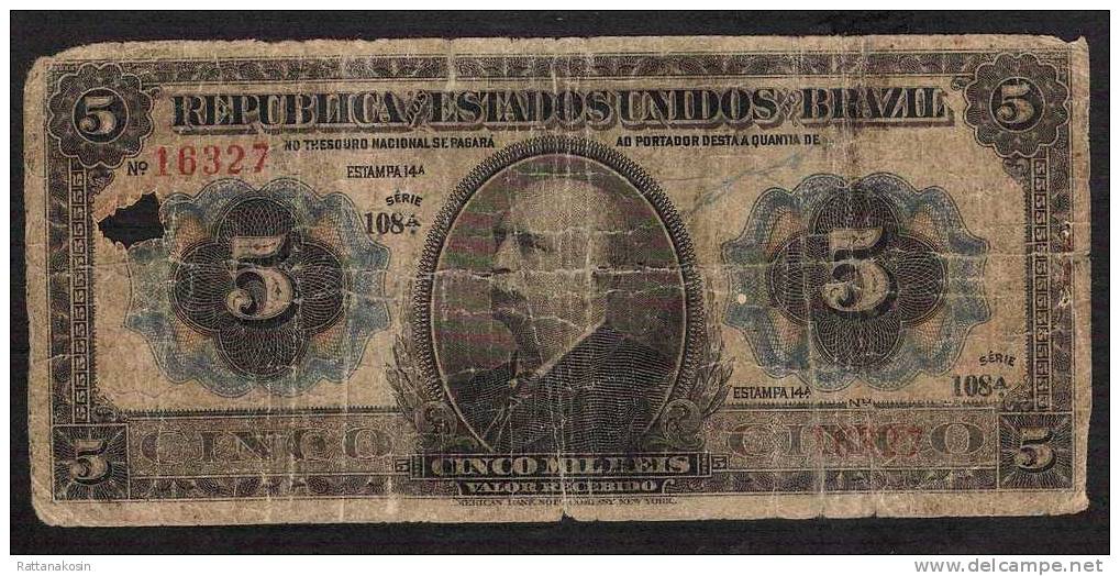 BRAZIL BRESIL  P24  5  MIL REIS   1913    VG - Brésil