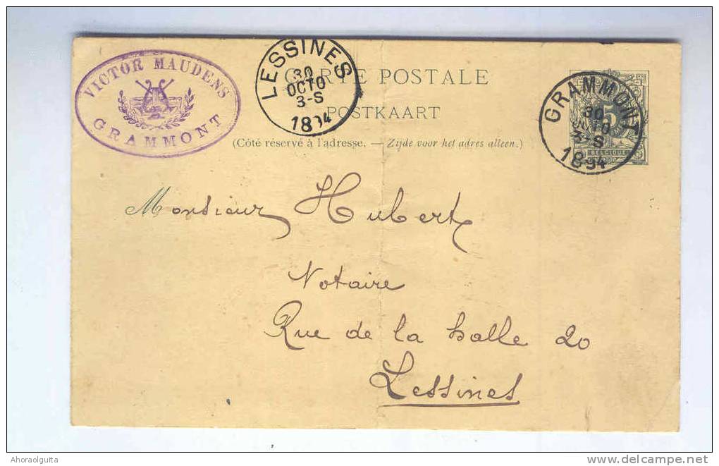 Entier Postal TP Lion Couché 5 C GRAMMONT 1894 -  Cachet Illustré Musique , Victor Maudens  --  B2 / 785 - Musique