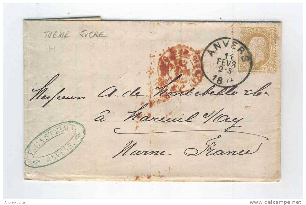 SUCRE - Belgique - Lettre TP 32 ANVERS 1878 Vers France - Entete Castelot , Expédition De Sucre Candi  --  B2 / 798 - Alimentation