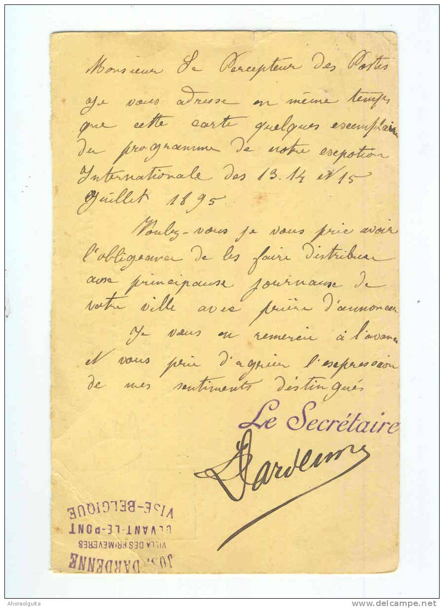 AVICULTURE - Belgique - Entier Avec REPONSE Armoiries 5 C VISE 1895 - Cachet Union Avicole De LIEGE  --  B2 / 800 - Agriculture