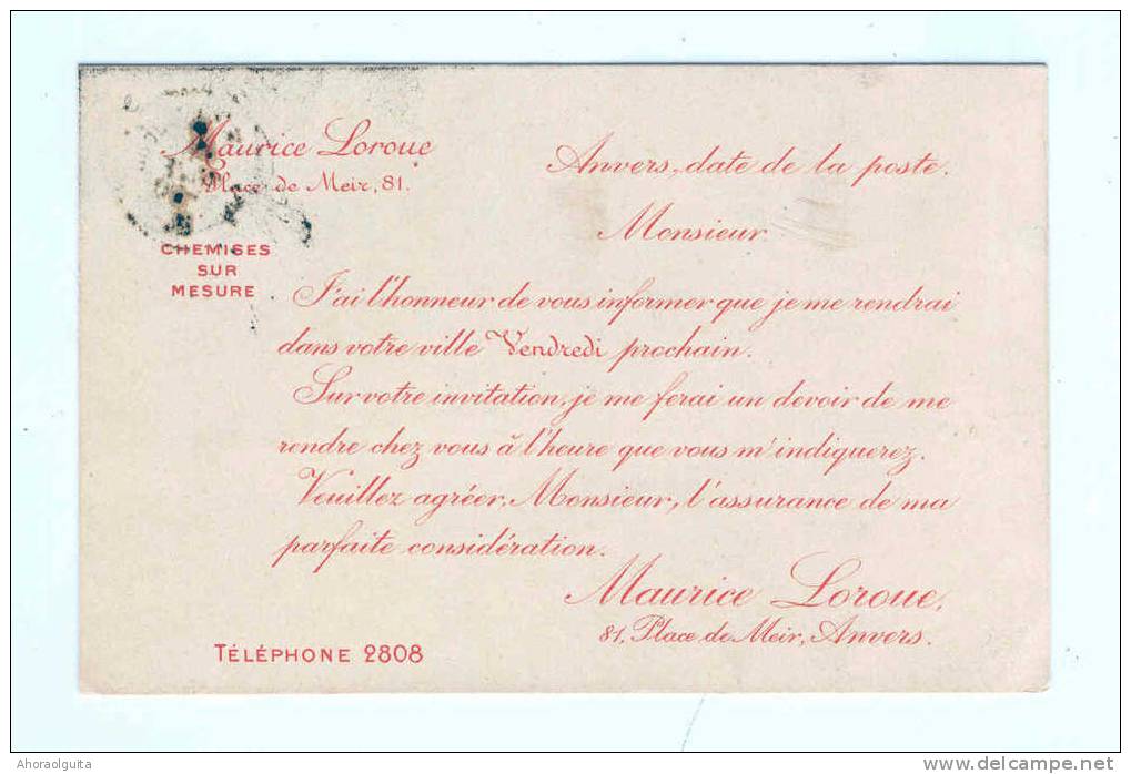 TEXTILE CHEMISES - Imprimé TP Armoiries 1 C ANVERS 1907 - Texte M. Loroue ,Chemises Sur Mesure à Domicile  --  B2 / 809 - Textil